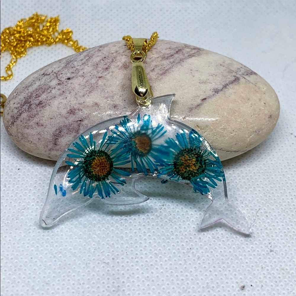 Dolphin necklace, real flowers jewelry